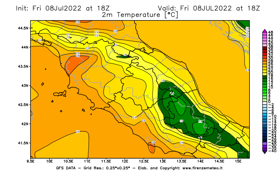 Mappa di analisi GFS - Temperatura a 2 metri dal suolo [°C] in Centro-Italia
							del 08/07/2022 18 <!--googleoff: index-->UTC<!--googleon: index-->