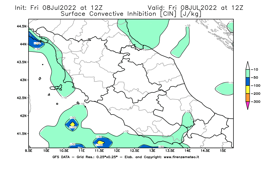 Mappa di analisi GFS - CIN [J/kg] in Centro-Italia
							del 08/07/2022 12 <!--googleoff: index-->UTC<!--googleon: index-->