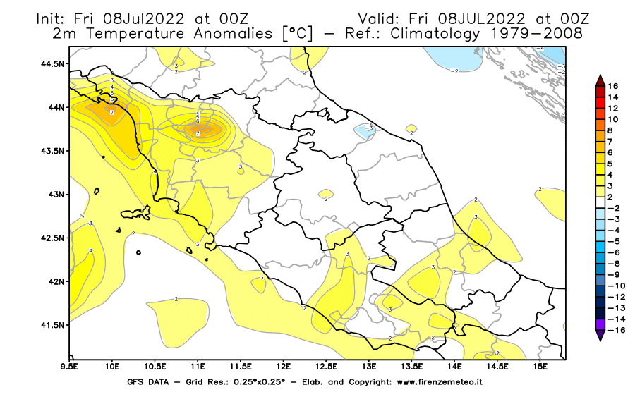Mappa di analisi GFS - Anomalia Temperatura [°C] a 2 m in Centro-Italia
							del 08/07/2022 00 <!--googleoff: index-->UTC<!--googleon: index-->