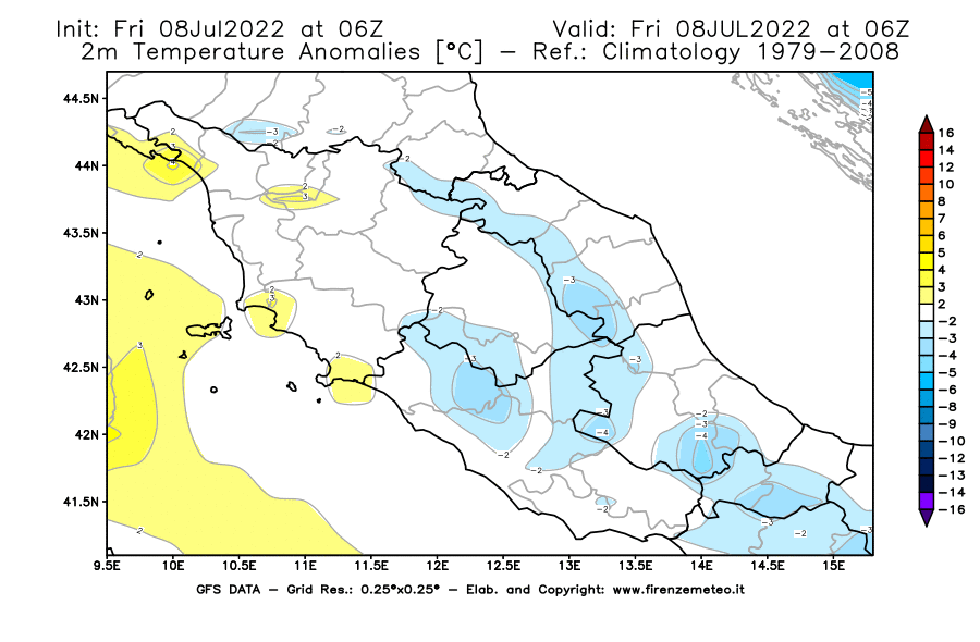 Mappa di analisi GFS - Anomalia Temperatura [°C] a 2 m in Centro-Italia
							del 08/07/2022 06 <!--googleoff: index-->UTC<!--googleon: index-->