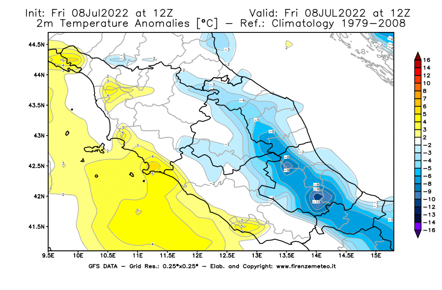 Mappa di analisi GFS - Anomalia Temperatura [°C] a 2 m in Centro-Italia
							del 08/07/2022 12 <!--googleoff: index-->UTC<!--googleon: index-->