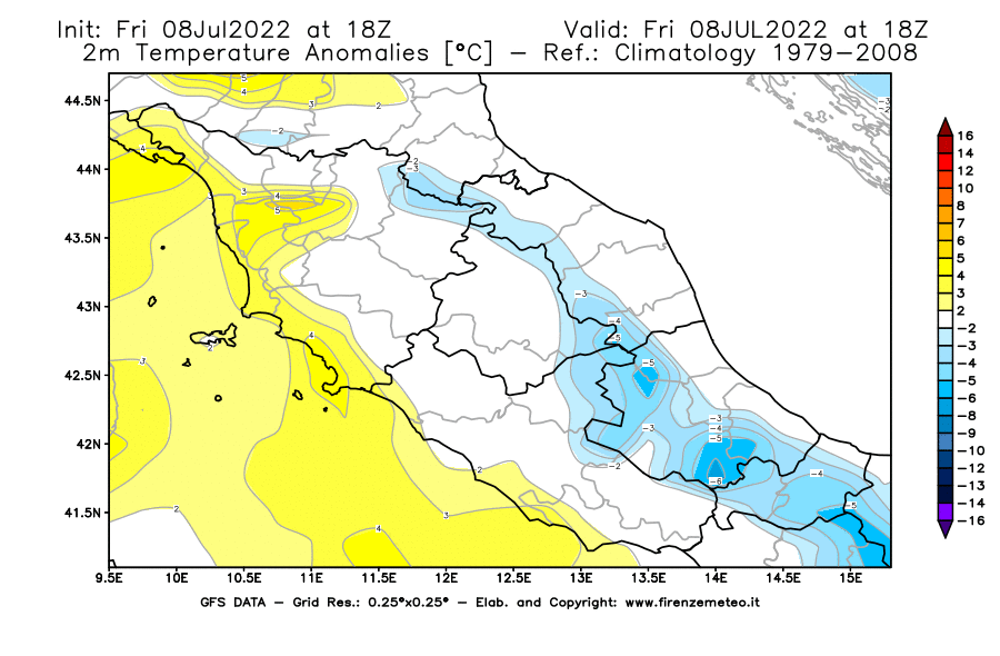 Mappa di analisi GFS - Anomalia Temperatura [°C] a 2 m in Centro-Italia
							del 08/07/2022 18 <!--googleoff: index-->UTC<!--googleon: index-->