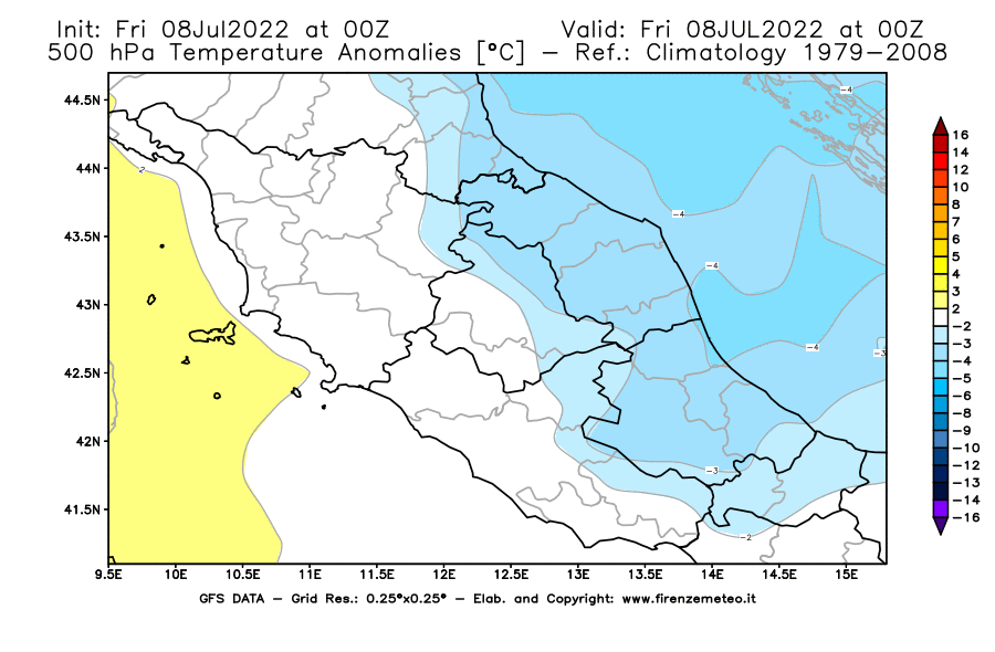 Mappa di analisi GFS - Anomalia Temperatura [°C] a 500 hPa in Centro-Italia
							del 08/07/2022 00 <!--googleoff: index-->UTC<!--googleon: index-->