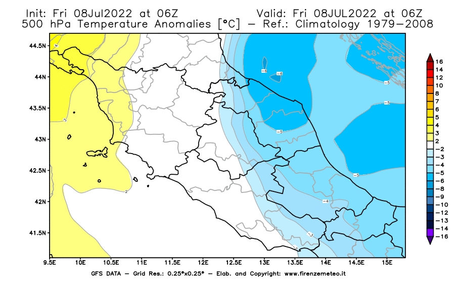 Mappa di analisi GFS - Anomalia Temperatura [°C] a 500 hPa in Centro-Italia
							del 08/07/2022 06 <!--googleoff: index-->UTC<!--googleon: index-->