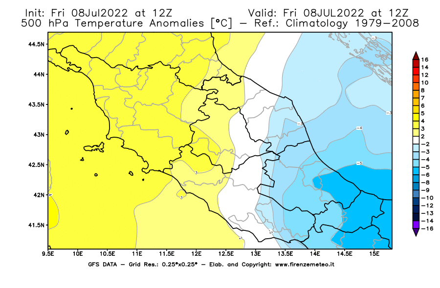 Mappa di analisi GFS - Anomalia Temperatura [°C] a 500 hPa in Centro-Italia
							del 08/07/2022 12 <!--googleoff: index-->UTC<!--googleon: index-->