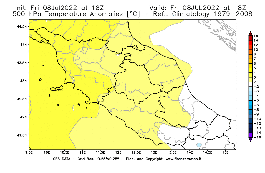 Mappa di analisi GFS - Anomalia Temperatura [°C] a 500 hPa in Centro-Italia
							del 08/07/2022 18 <!--googleoff: index-->UTC<!--googleon: index-->