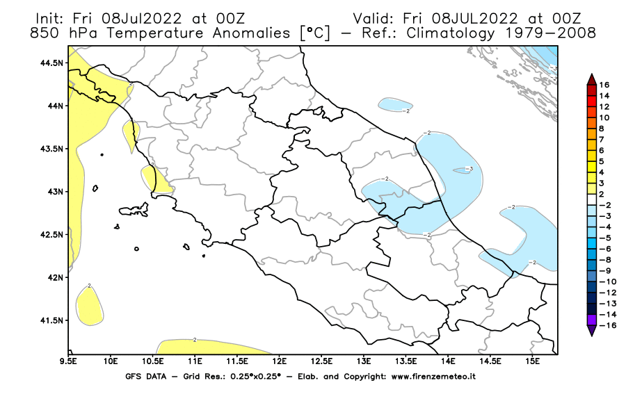 Mappa di analisi GFS - Anomalia Temperatura [°C] a 850 hPa in Centro-Italia
							del 08/07/2022 00 <!--googleoff: index-->UTC<!--googleon: index-->