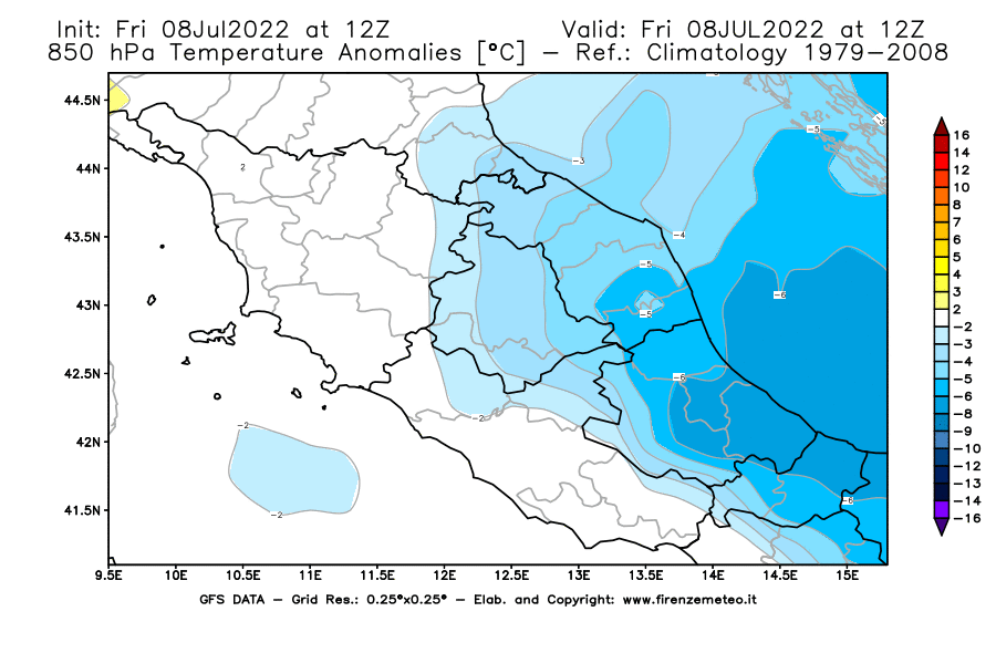 Mappa di analisi GFS - Anomalia Temperatura [°C] a 850 hPa in Centro-Italia
							del 08/07/2022 12 <!--googleoff: index-->UTC<!--googleon: index-->
