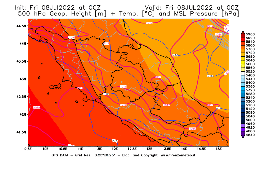 Mappa di analisi GFS - Geopotenziale [m] + Temp. [°C] a 500 hPa + Press. a livello del mare [hPa] in Centro-Italia
							del 08/07/2022 00 <!--googleoff: index-->UTC<!--googleon: index-->