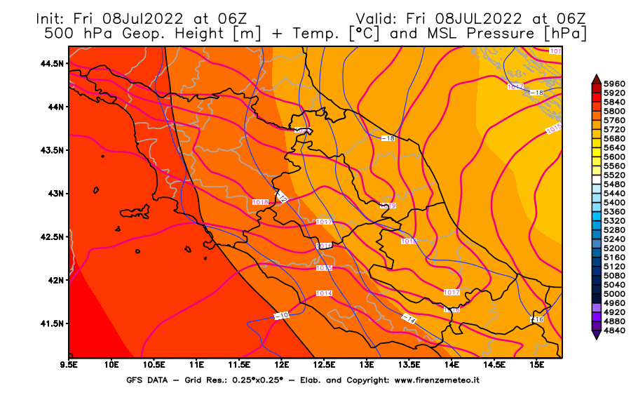 Mappa di analisi GFS - Geopotenziale [m] + Temp. [°C] a 500 hPa + Press. a livello del mare [hPa] in Centro-Italia
							del 08/07/2022 06 <!--googleoff: index-->UTC<!--googleon: index-->