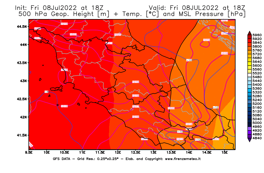 Mappa di analisi GFS - Geopotenziale [m] + Temp. [°C] a 500 hPa + Press. a livello del mare [hPa] in Centro-Italia
							del 08/07/2022 18 <!--googleoff: index-->UTC<!--googleon: index-->