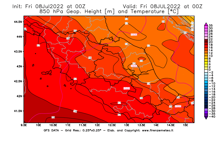 Mappa di analisi GFS - Geopotenziale [m] e Temperatura [°C] a 850 hPa in Centro-Italia
							del 08/07/2022 00 <!--googleoff: index-->UTC<!--googleon: index-->