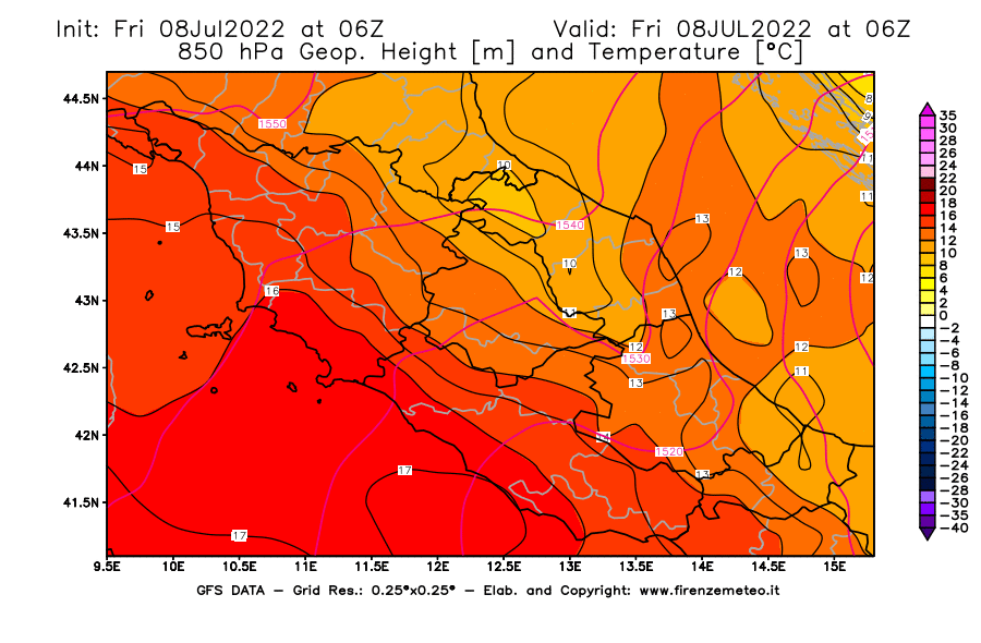 Mappa di analisi GFS - Geopotenziale [m] e Temperatura [°C] a 850 hPa in Centro-Italia
							del 08/07/2022 06 <!--googleoff: index-->UTC<!--googleon: index-->