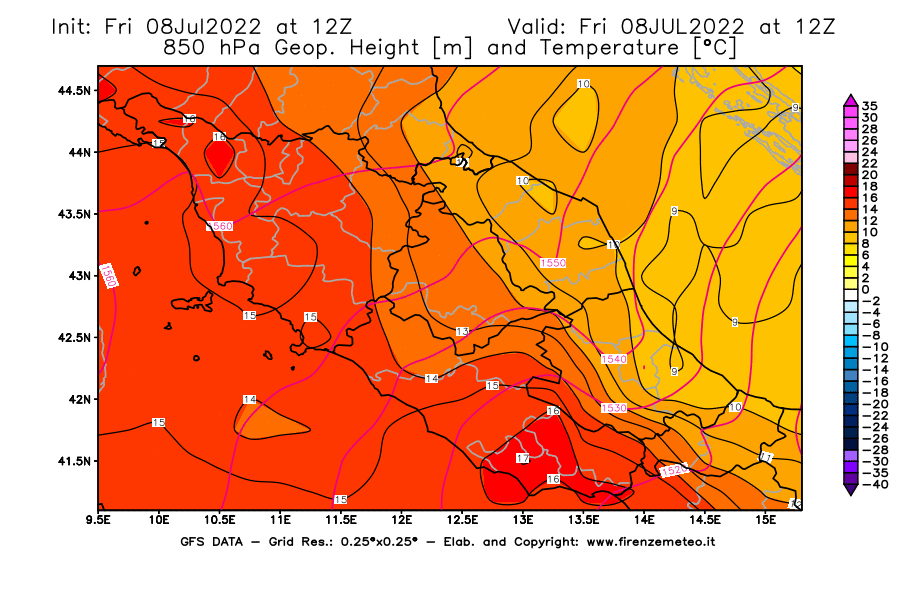 Mappa di analisi GFS - Geopotenziale [m] e Temperatura [°C] a 850 hPa in Centro-Italia
							del 08/07/2022 12 <!--googleoff: index-->UTC<!--googleon: index-->