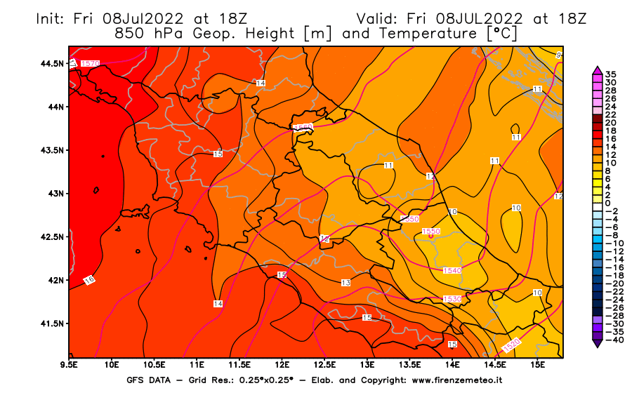 Mappa di analisi GFS - Geopotenziale [m] e Temperatura [°C] a 850 hPa in Centro-Italia
							del 08/07/2022 18 <!--googleoff: index-->UTC<!--googleon: index-->