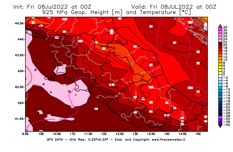 Mappa di analisi GFS - Geopotenziale [m] e Temperatura [°C] a 925 hPa in Centro-Italia
							del 08/07/2022 00 <!--googleoff: index-->UTC<!--googleon: index-->
