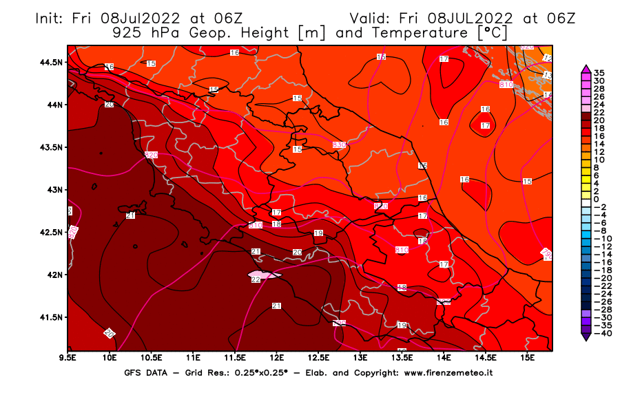 Mappa di analisi GFS - Geopotenziale [m] e Temperatura [°C] a 925 hPa in Centro-Italia
							del 08/07/2022 06 <!--googleoff: index-->UTC<!--googleon: index-->