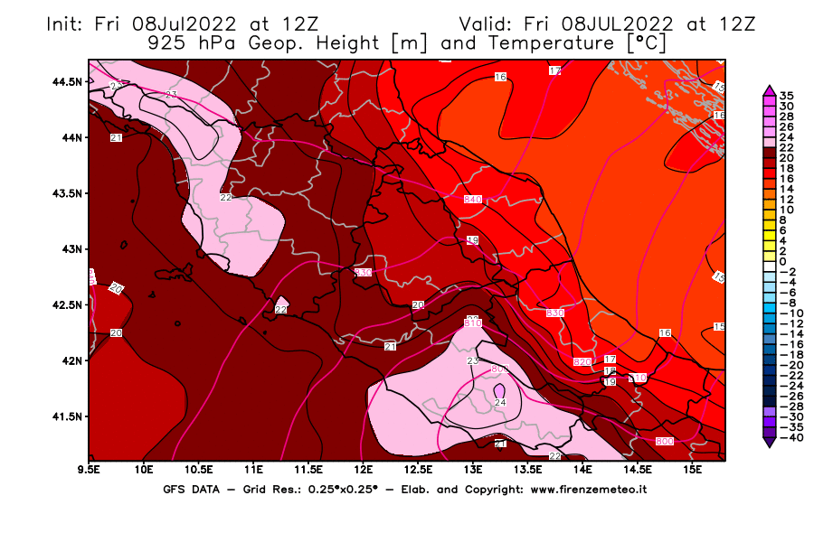 Mappa di analisi GFS - Geopotenziale [m] e Temperatura [°C] a 925 hPa in Centro-Italia
							del 08/07/2022 12 <!--googleoff: index-->UTC<!--googleon: index-->