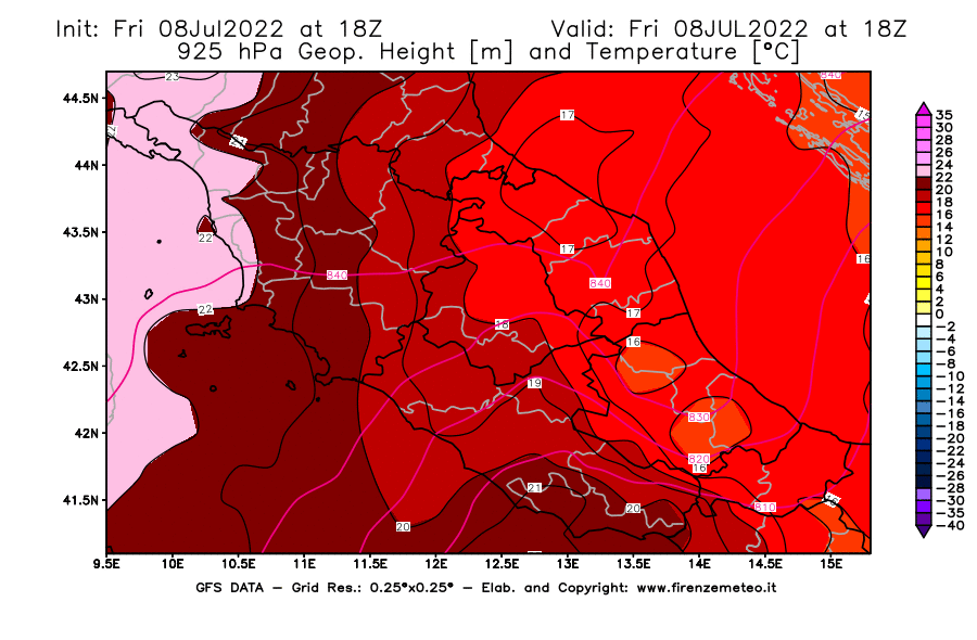 Mappa di analisi GFS - Geopotenziale [m] e Temperatura [°C] a 925 hPa in Centro-Italia
							del 08/07/2022 18 <!--googleoff: index-->UTC<!--googleon: index-->