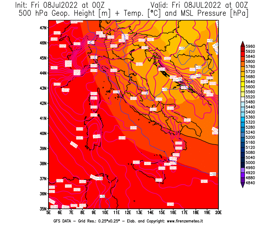 Mappa di analisi GFS - Geopotenziale [m] + Temp. [°C] a 500 hPa + Press. a livello del mare [hPa] in Italia
							del 08/07/2022 00 <!--googleoff: index-->UTC<!--googleon: index-->