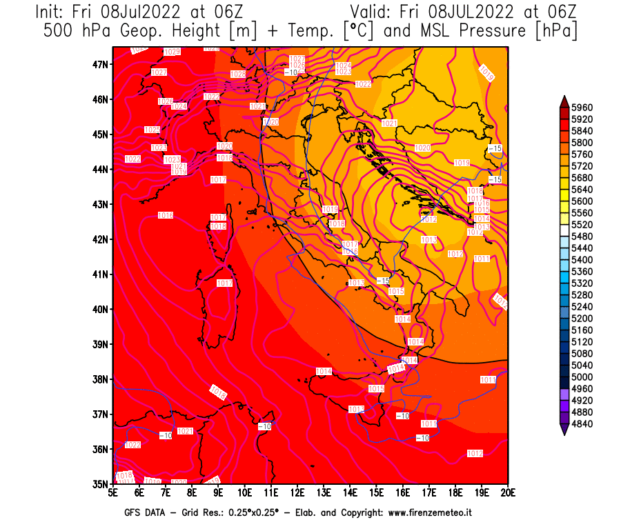 Mappa di analisi GFS - Geopotenziale [m] + Temp. [°C] a 500 hPa + Press. a livello del mare [hPa] in Italia
							del 08/07/2022 06 <!--googleoff: index-->UTC<!--googleon: index-->