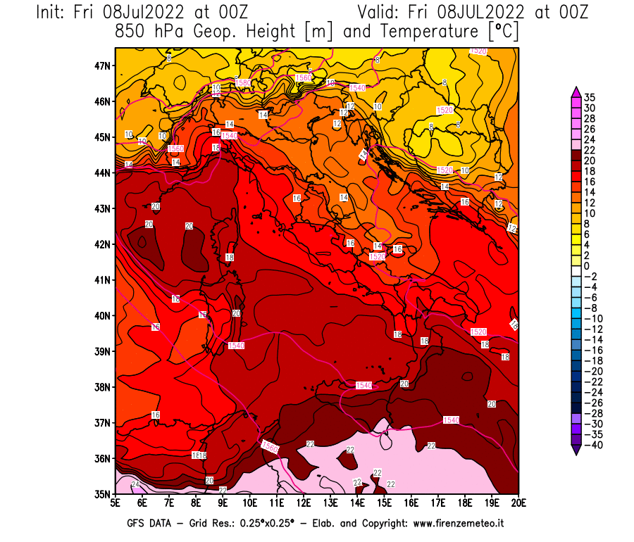 Mappa di analisi GFS - Geopotenziale [m] e Temperatura [°C] a 850 hPa in Italia
							del 08/07/2022 00 <!--googleoff: index-->UTC<!--googleon: index-->