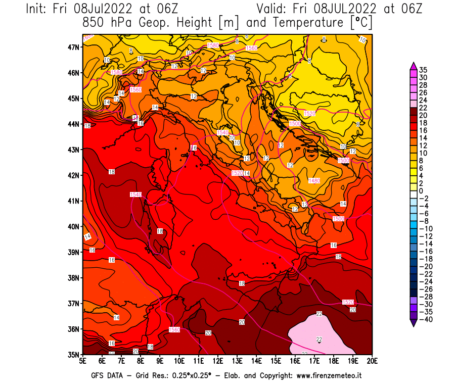 Mappa di analisi GFS - Geopotenziale [m] e Temperatura [°C] a 850 hPa in Italia
							del 08/07/2022 06 <!--googleoff: index-->UTC<!--googleon: index-->