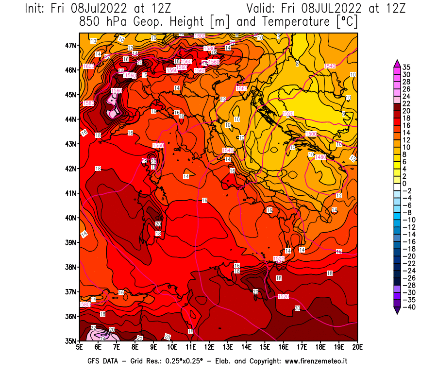 Mappa di analisi GFS - Geopotenziale [m] e Temperatura [°C] a 850 hPa in Italia
							del 08/07/2022 12 <!--googleoff: index-->UTC<!--googleon: index-->