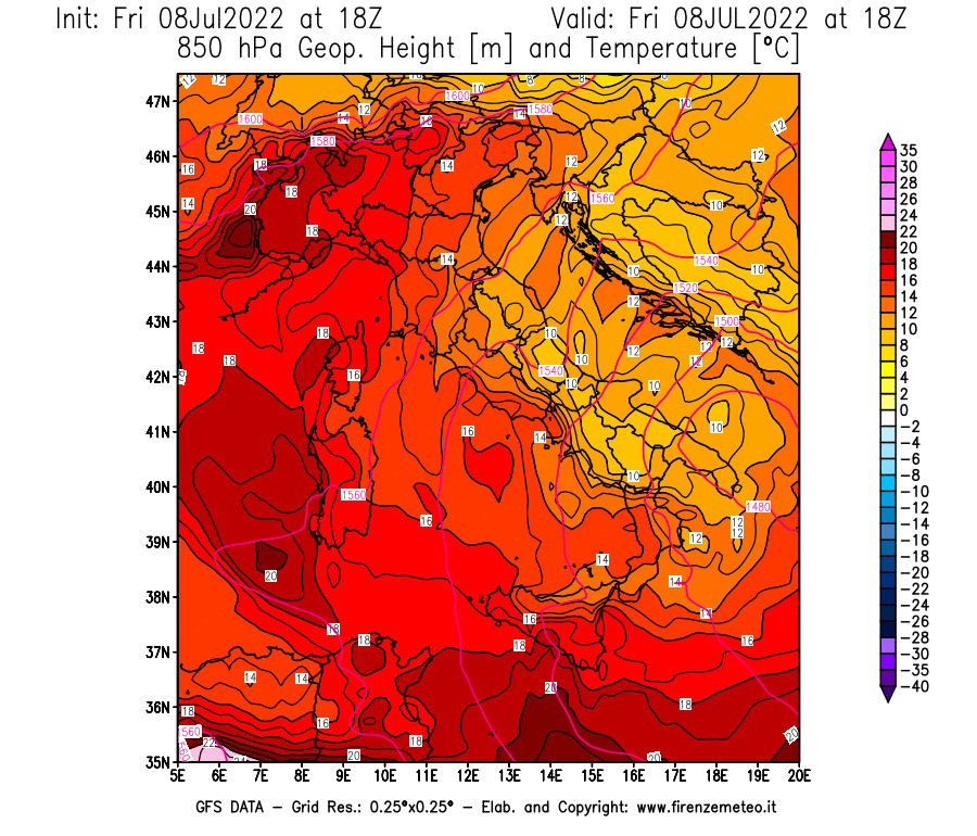 Mappa di analisi GFS - Geopotenziale [m] e Temperatura [°C] a 850 hPa in Italia
							del 08/07/2022 18 <!--googleoff: index-->UTC<!--googleon: index-->
