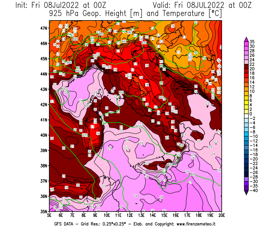 Mappa di analisi GFS - Geopotenziale [m] e Temperatura [°C] a 925 hPa in Italia
							del 08/07/2022 00 <!--googleoff: index-->UTC<!--googleon: index-->