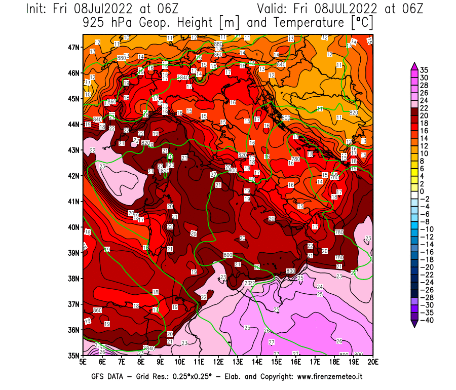 Mappa di analisi GFS - Geopotenziale [m] e Temperatura [°C] a 925 hPa in Italia
							del 08/07/2022 06 <!--googleoff: index-->UTC<!--googleon: index-->