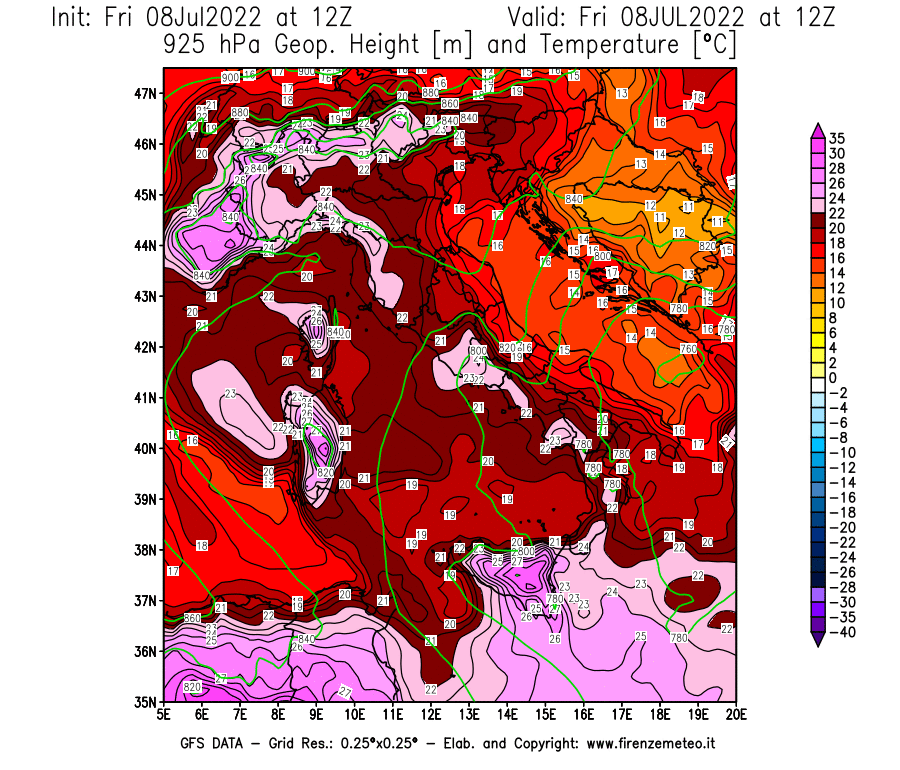 Mappa di analisi GFS - Geopotenziale [m] e Temperatura [°C] a 925 hPa in Italia
							del 08/07/2022 12 <!--googleoff: index-->UTC<!--googleon: index-->