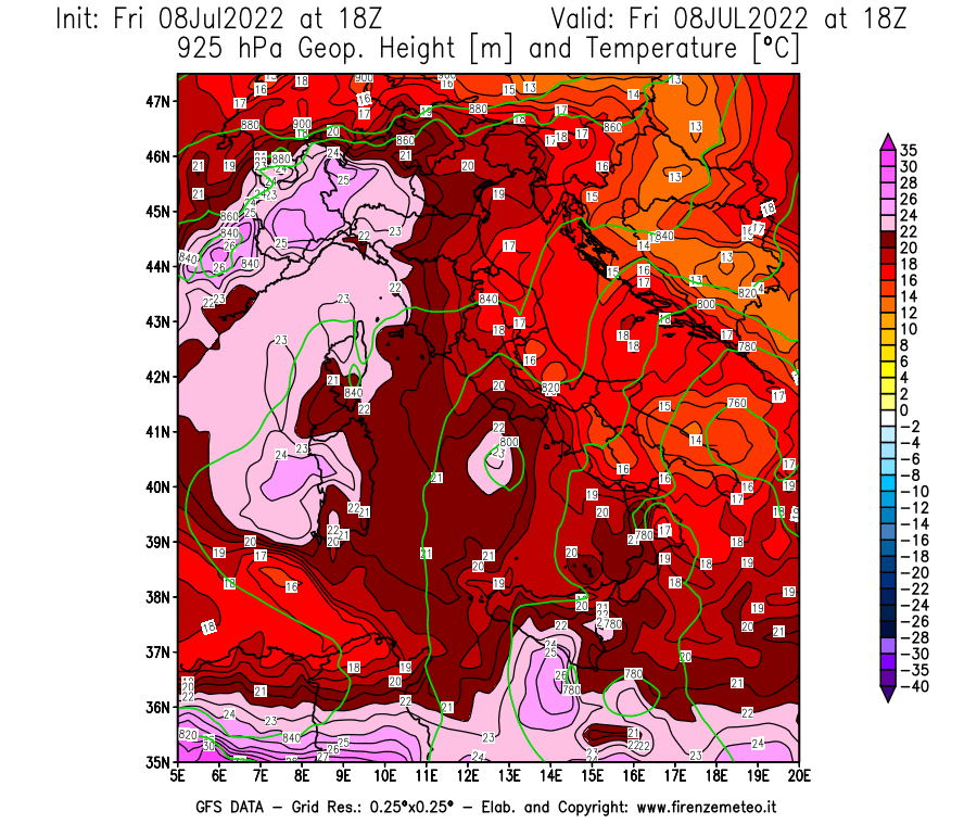 Mappa di analisi GFS - Geopotenziale [m] e Temperatura [°C] a 925 hPa in Italia
							del 08/07/2022 18 <!--googleoff: index-->UTC<!--googleon: index-->