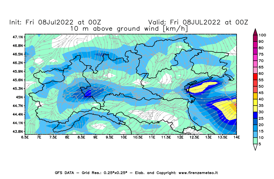 Mappa di analisi GFS - Velocità del vento a 10 metri dal suolo [km/h] in Nord-Italia
							del 08/07/2022 00 <!--googleoff: index-->UTC<!--googleon: index-->