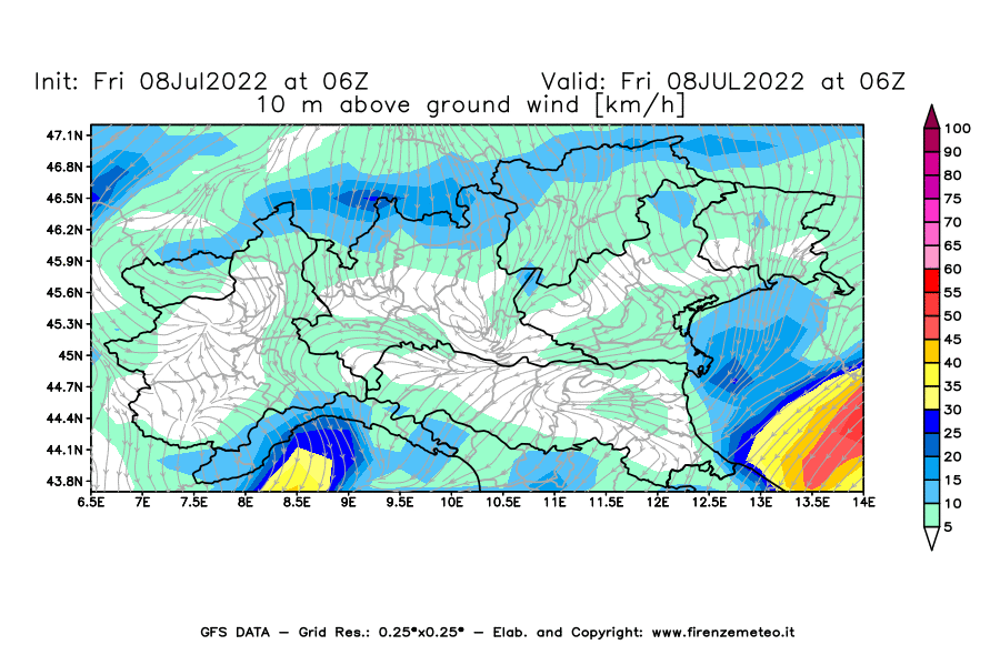 Mappa di analisi GFS - Velocità del vento a 10 metri dal suolo [km/h] in Nord-Italia
							del 08/07/2022 06 <!--googleoff: index-->UTC<!--googleon: index-->