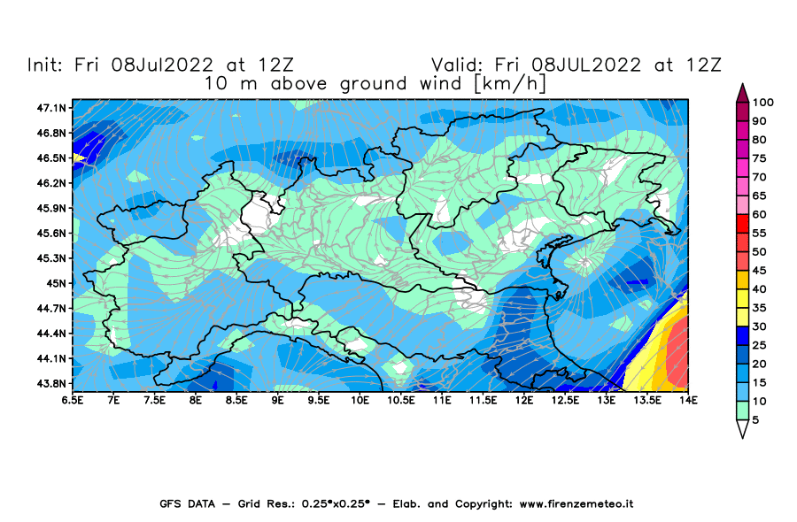 Mappa di analisi GFS - Velocità del vento a 10 metri dal suolo [km/h] in Nord-Italia
							del 08/07/2022 12 <!--googleoff: index-->UTC<!--googleon: index-->