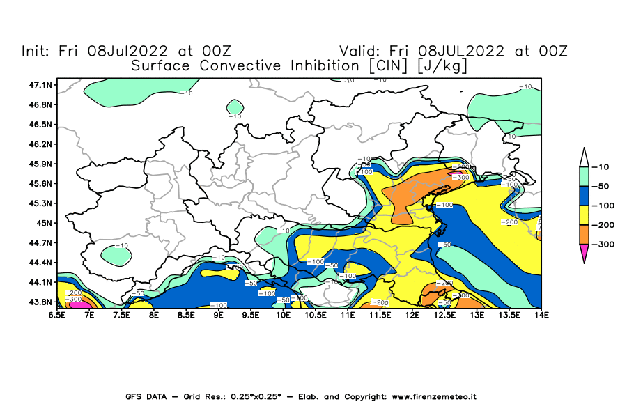Mappa di analisi GFS - CIN [J/kg] in Nord-Italia
							del 08/07/2022 00 <!--googleoff: index-->UTC<!--googleon: index-->
