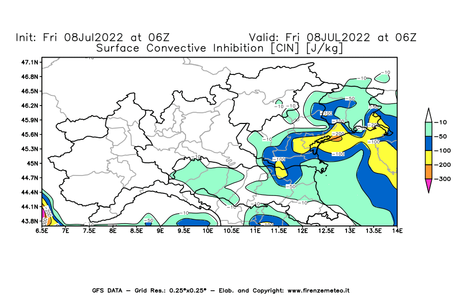 Mappa di analisi GFS - CIN [J/kg] in Nord-Italia
							del 08/07/2022 06 <!--googleoff: index-->UTC<!--googleon: index-->