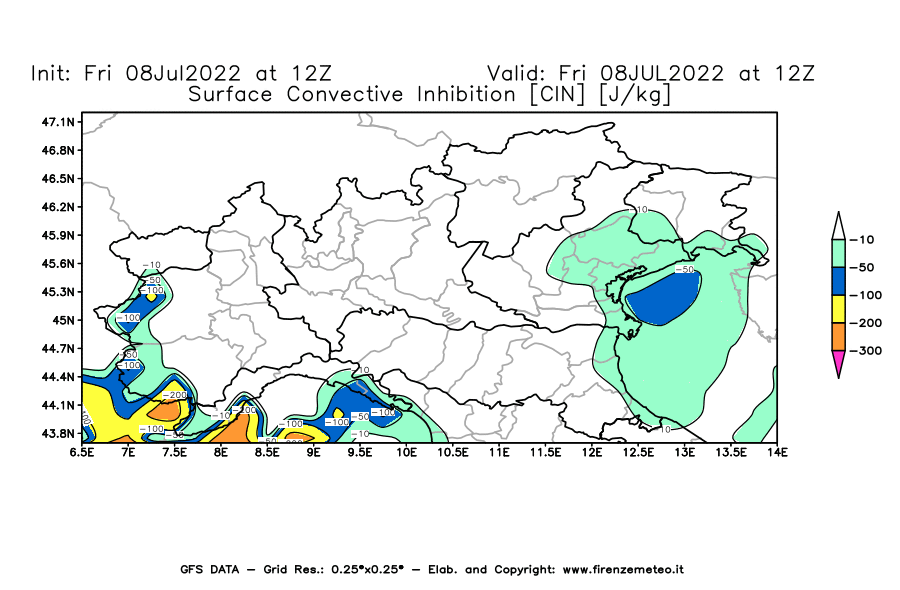 Mappa di analisi GFS - CIN [J/kg] in Nord-Italia
							del 08/07/2022 12 <!--googleoff: index-->UTC<!--googleon: index-->