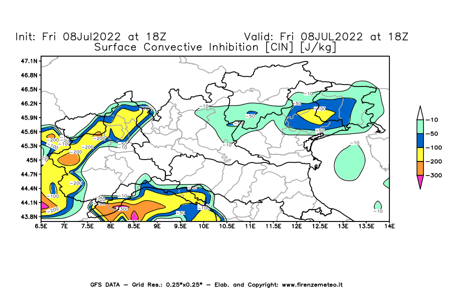 Mappa di analisi GFS - CIN [J/kg] in Nord-Italia
							del 08/07/2022 18 <!--googleoff: index-->UTC<!--googleon: index-->