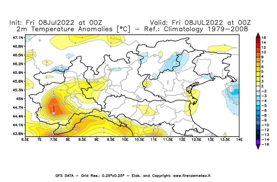 Mappa di analisi GFS - Anomalia Temperatura [°C] a 2 m in Nord-Italia
							del 08/07/2022 00 <!--googleoff: index-->UTC<!--googleon: index-->