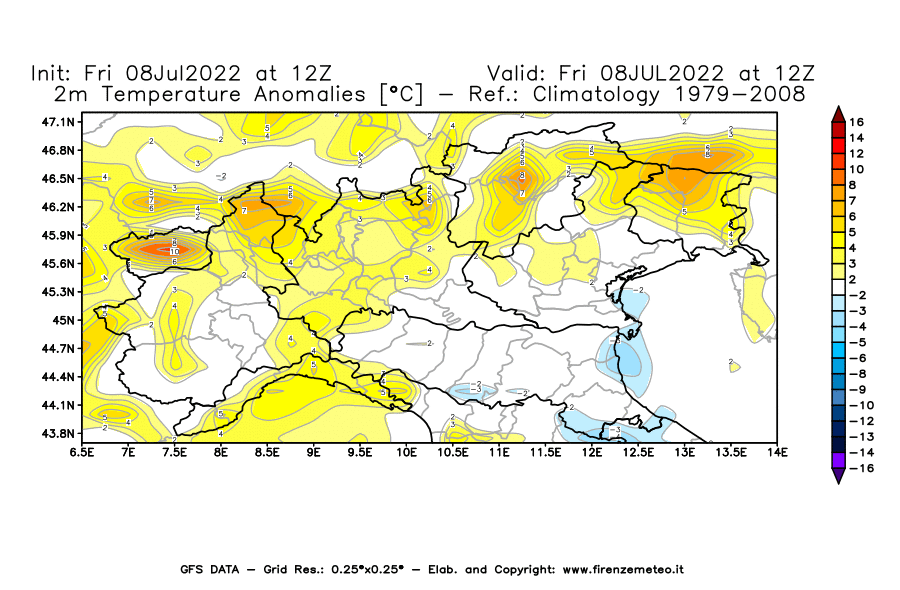 Mappa di analisi GFS - Anomalia Temperatura [°C] a 2 m in Nord-Italia
							del 08/07/2022 12 <!--googleoff: index-->UTC<!--googleon: index-->