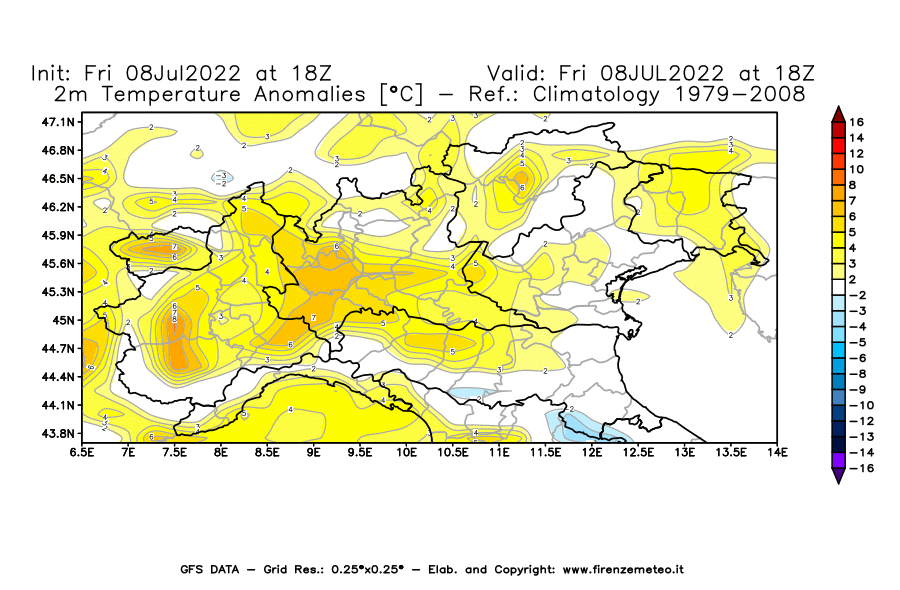 Mappa di analisi GFS - Anomalia Temperatura [°C] a 2 m in Nord-Italia
							del 08/07/2022 18 <!--googleoff: index-->UTC<!--googleon: index-->