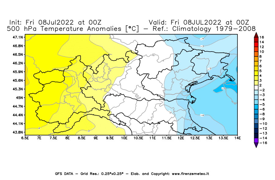 Mappa di analisi GFS - Anomalia Temperatura [°C] a 500 hPa in Nord-Italia
							del 08/07/2022 00 <!--googleoff: index-->UTC<!--googleon: index-->