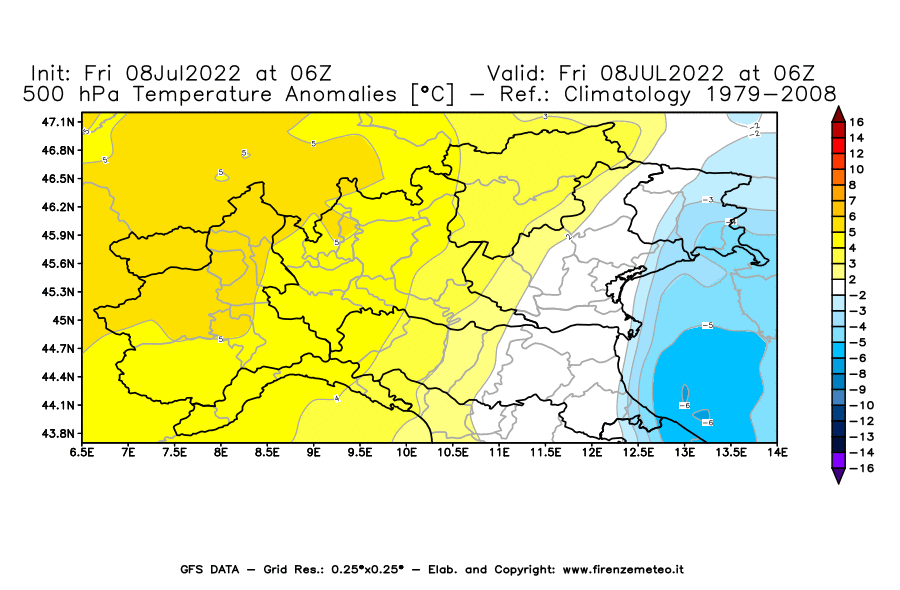 Mappa di analisi GFS - Anomalia Temperatura [°C] a 500 hPa in Nord-Italia
							del 08/07/2022 06 <!--googleoff: index-->UTC<!--googleon: index-->