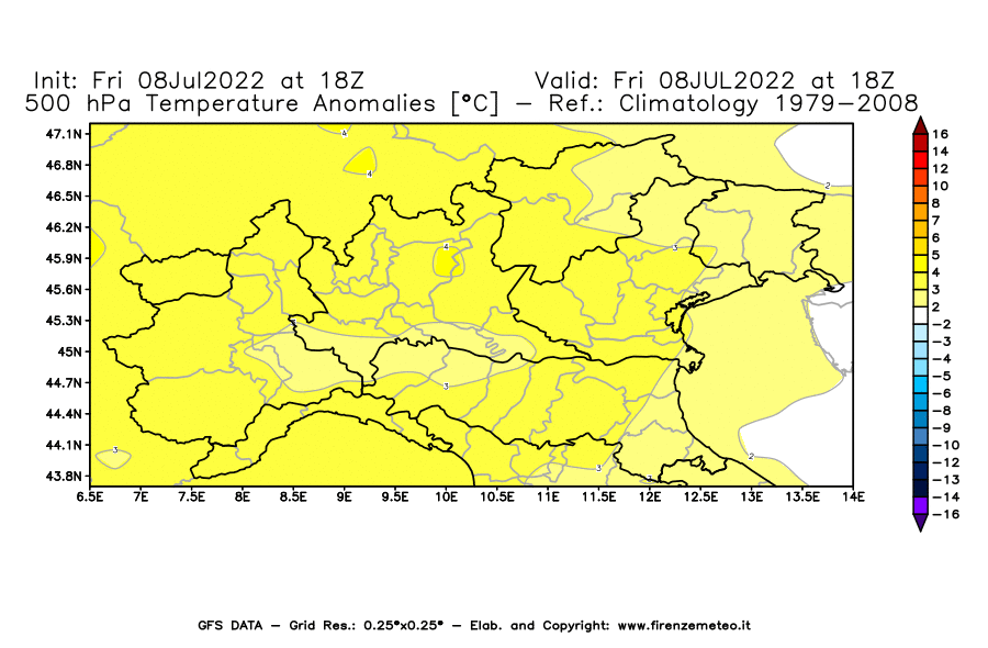 Mappa di analisi GFS - Anomalia Temperatura [°C] a 500 hPa in Nord-Italia
							del 08/07/2022 18 <!--googleoff: index-->UTC<!--googleon: index-->