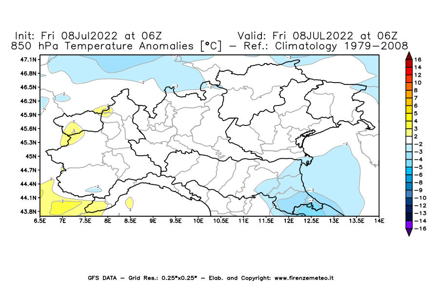 Mappa di analisi GFS - Anomalia Temperatura [°C] a 850 hPa in Nord-Italia
							del 08/07/2022 06 <!--googleoff: index-->UTC<!--googleon: index-->