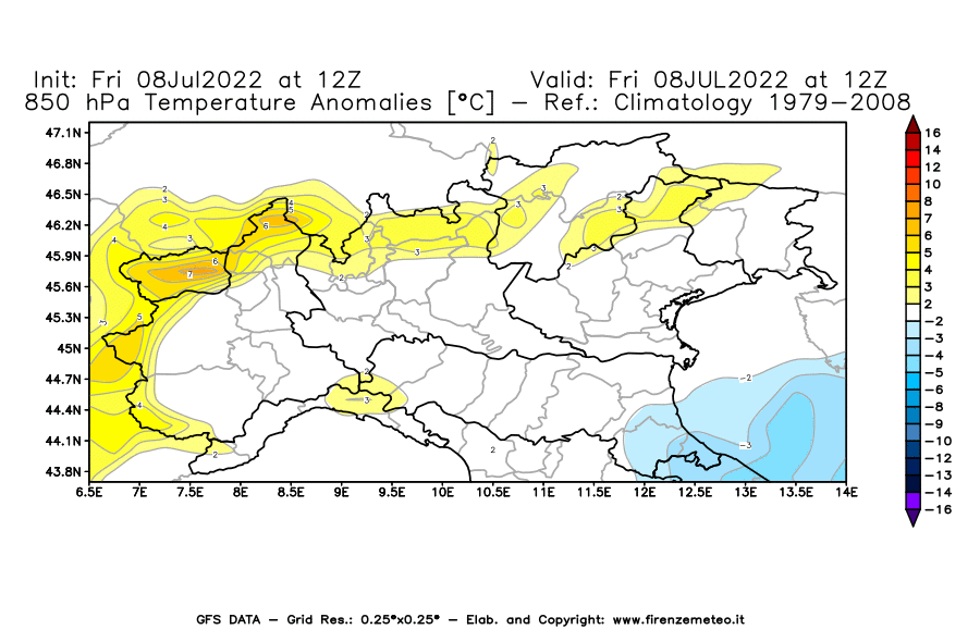 Mappa di analisi GFS - Anomalia Temperatura [°C] a 850 hPa in Nord-Italia
							del 08/07/2022 12 <!--googleoff: index-->UTC<!--googleon: index-->