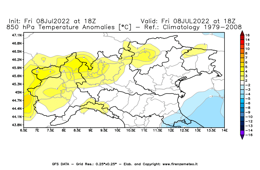 Mappa di analisi GFS - Anomalia Temperatura [°C] a 850 hPa in Nord-Italia
							del 08/07/2022 18 <!--googleoff: index-->UTC<!--googleon: index-->