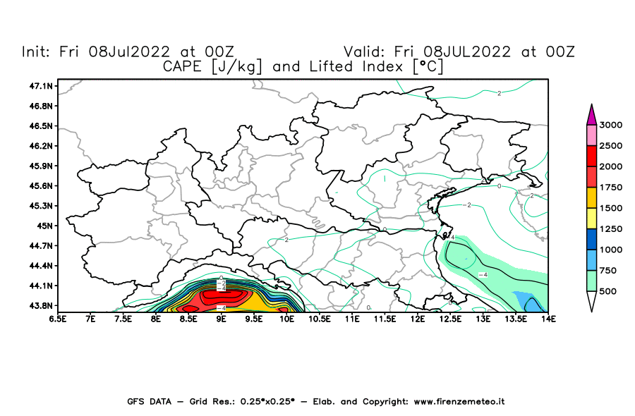 Mappa di analisi GFS - CAPE [J/kg] e Lifted Index [°C] in Nord-Italia
							del 08/07/2022 00 <!--googleoff: index-->UTC<!--googleon: index-->